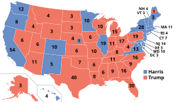 In the 2024 presidential election, held using 2020 census data, Kamala Harris received 226 (●) and Donald Trump received 312 (●) of the total 538 electoral votes. In Maine (upper-right) and Nebraska (center), the small circled numbers indicate where an EC seat was filled in a way contrary to the plurality of votes state-wide. These are the only 2 states to use a district method for some of their allocated electors instead of a complete winner-takes-all party block voting.