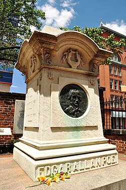 Poe is interred at Westminster Hall in Baltimore, Maryland (Lat: 39.29027; Long: −76.62333); the circumstances and cause of his death remain uncertain.