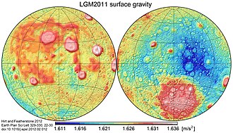 Gravity acceleration at the surface of the Moon in m/s2. Near side on the left, far side on the right. Map from Lunar Gravity Model 2011.[3]