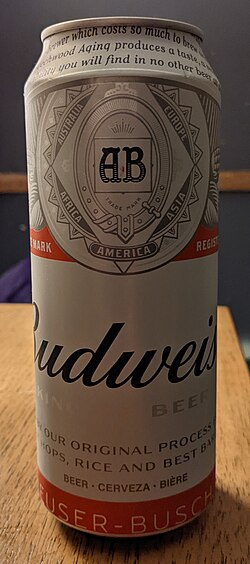Budweiser 500 mL (17 US fl oz) can with an alcohol content of 5% ABV