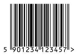 A GTIN-13 number encoded in an EAN-13 barcode. The first digit is always placed outside the symbol, and a right ">" indicator is used to indicate a "Quiet Zone" that is necessary for barcode scanners to work properly. The GS1 code in this example, 590, is assigned to Poland.