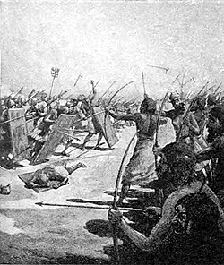Battle between the Sumerians (left) and the Semites led by Sargon, armed with bows and arrows (20th century depiction)