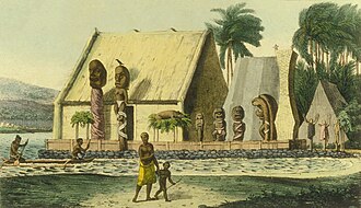 A depiction of a royal heiau (HawaiiaThe n temple) at Kealakekua Bay, c. 1816