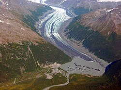 Valdez Glacier has thinned 90 m (300 ft) over the last century, exposing barren ground near the glacial margins.[37]