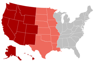 Regional definitions vary from source to source. As defined by the Census Bureau, the western United States includes 13 states: Alaska, Arizona, California, Colorado, Hawaii, Idaho, Montana, Nevada, New Mexico, Oregon, Utah, Washington, and Wyoming. In turn, this region is sub-divided into Mountain and Pacific areas. The states in light red are sometimes considered "western", although they are often grouped with separate regions such as the Midwest and the South