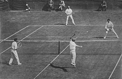 Doubles match between the Australasia and British isles in the 1912 International Lawn Tennis Challenge final.
