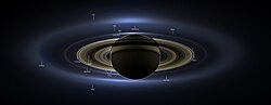 The Day the Earth Smiled – Saturn with some of its moons, Earth, Venus, and Mars as visible in this Cassini montage (July 19, 2013)[115]