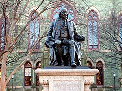 The Statue of Benjamin Franklin on the campus of the University of Pennsylvania in West Philadelphia, which pays tribute to Benjamin Franklin, a Founding Father who founded the university, now an Ivy League institution and one of the world's top universities, in 1740[212]