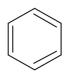 This diagram shows the structure of Benzene, specifically the modern Kekulé structure in skeletal structure form or the Alternating Single and Double bonds structure.