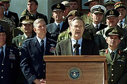 U.S. Secretary of Defense Donald Rumsfeld with Chairman of the Joint Chiefs of Staff General Richard B. Myers and joined by military representatives from 29 countries of the worldwide coalition on the war against terrorism, at The Pentagon on 11 March 2002