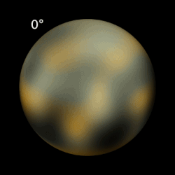 Computer-generated rotating image of Pluto based on observations by the Hubble Space Telescope in 2002–2003