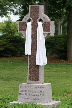 A Celtic cross draped for Easter at a Presbyterian church in Virginia