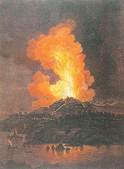 The 1766 eruption depicted in a coloured engraving by Italian painter Alessandro D'Anna [it], c. 1770