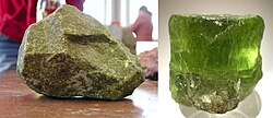 Typical peridotite sample (dunite, left) and large olivine crystal (right)