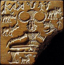 The Pashupati seal discovered during excavation of the Indus Valley archaeological site of Mohenjo-Daro and showing a possible representation of a "yogi" or "proto-Shiva" figure as Paśupati (Lord of the Animals" c. 2350–2000 BCE
