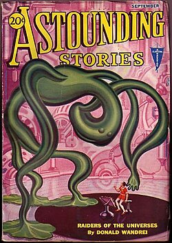 Wandrei's novelette "Raiders of the Universes" was the cover story in the September 1932 Astounding Stories