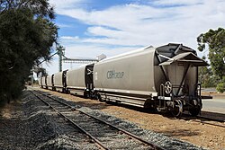 Narrow gauge CBH grain wagons at Calingiri in 2014