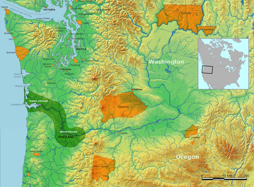 Map of traditional Chinook tribal territory.