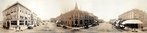 Panoramic view of Sixth and Main Streets in Rapid City, 1912