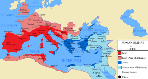 The Roman Empire in 180 AD. Latin had a great influence in the western part of the empire, both as a native language and as an administrative language. In the eastern part, the Greek language was predominant.