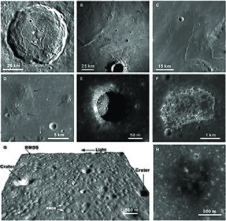 Volcanic lunar features: A) Floor-fractured crater; B) Lava flows; C) Sinuous rille; D) Lunar dome (black arrows) and cone (white arrow); E) Lunar skylight; F) Irregular mare patch; G) 3D view of ring moat dome structures; H) Pyroclastic deposits