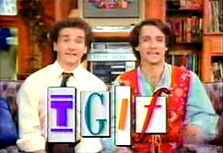 Larry Appleton (Mark Linn-Baker) and Balki Bartokomous (Bronson Pinchot) during an interstitial for TGIF (1989)