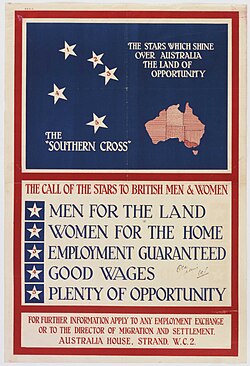 Australian Government poster issued by the Overseas Settlement Office to attract British immigrants (1928)