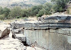 Chromitite and anorthosite layered igneous rocks in Critical Zone UG1 of the Bushveld Igneous Complex at the Mononono River outcrop, near Steelpoort, South Africa