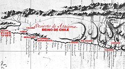 1793 Andrés Baleato's map showing the internal border of Chile and Peru in the Loa River during the Spanish Empire
