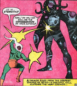 Dormammu attacks Eternity in a Ditko "Dr. Strange" panel from Strange Tales #146 (July 1966).