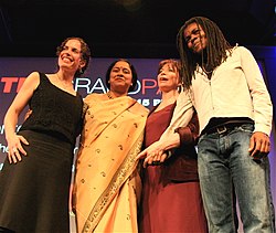 Allende (in red, 3rd L to R), 2007, at TED in California, flanked (L to R) by June Cohen, Lakshmi Pratury and Tracy Chapman