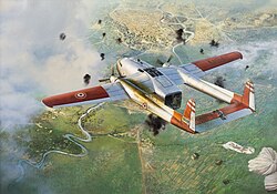 A painting commemorating the last flight of James B. McGovern Jr. and Wallace Buford's Fairchild C-119 with US Air Force markings painted over with French Air Force roundels, before it was shot down. They were contract pilots flying over Diên Biên Phu as part of the CIA air operations.[134]