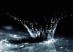 Soil and water being splashed by the impact of a single raindrop
