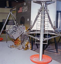 Lunar module training mockup, showing relative position of deployed camera on the MESA