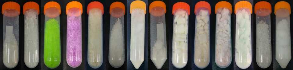 Samples of lanthanide nitrates in their hexahydrate form. From left to right: La, Ce, Pr, Nd, Sm, Eu, Gd, Tb, Dy, Ho, Er, Tm, Yb, Lu.