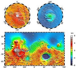 Topographic map – volcanic peaks in white due to great height. Near the equator, three volcanoes point south to Phaethontis quadrangle and three large craters – an area containing many gullies.