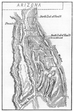 Sketch by Dr. George Goodfellow of the 1887 Sonora earthquake fault zone based on several weeks of field study. The Arizona–Sonora border is shown at top.