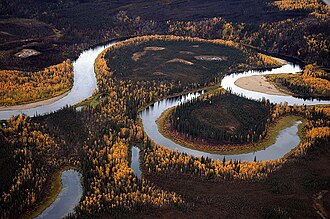 An example of a banco, created when a meander is cut off by a new, shorter channel, leaving a cut-off section of land surrounded by a U-shaped (oxbow) lake