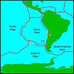 Chile at the intersection between the Nazca and South American plates, with arrows depicting directionality of plate movements