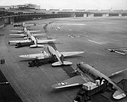 American C-47s unloading at the Berlin Tempelhof Airport during the Berlin Blockade