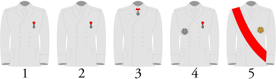 The five classes wearing their respective insignia (gentlemen): 1: Chevalier; 2: Officier; 3: Commandeur; 4: Grand-officier; 5: Grand-croix