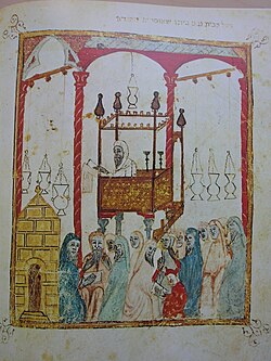 Image of a Jewish cantor reading the Passover story in al-Andalus, from a 14th-century Spanish Haggadah