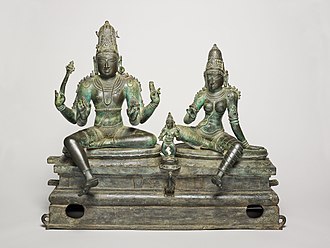 A depiction of Somaskanda with a dancing Skanda in the middle of Parvati and Shiva.