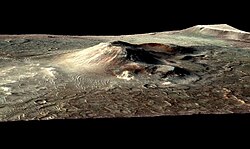The Nili Tholus cinder cone in the Nili Patera caldera on Mars.