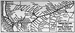 Connections along the Santa Fe Railroad, showing the principal regular stops on the AT&SF mainline, including cattle drive destinations such as Dodge City. Most of these Kansas, Colorado, and New Mexican towns were first served by the Santa Fe Trail.
