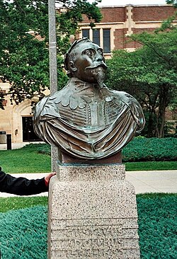A bust of King Gustav II Adolf of Sweden on campus