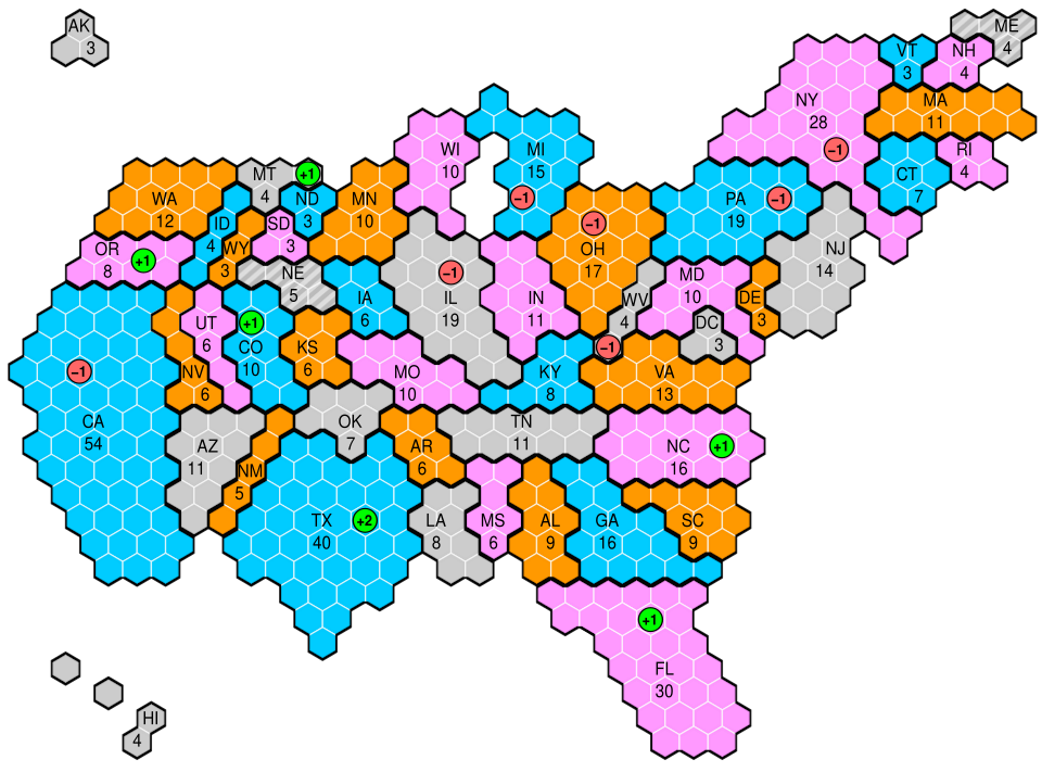 This cartogram shows the number of electors from each state for the 2024 and 2028 presidential elections. Following the 2020 census, 7 states lost one electoral vote,[g] 5 states gained one,[h] and Texas gained two.