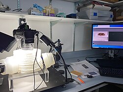 Digital camera imaging setup at the New Zealand Arthropod Collection used for extended depth of focus photography of specimens.