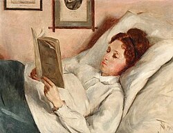 Nicoline Tuxen - Portrait of a woman reading in bed