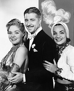 Alice Faye as Baroness Cecilia Duarte, Don Ameche as Larry Martin and Baron Manuel Duarte, and Carmen Miranda as Carmen in That Night in Rio, produced by Fox in 1941